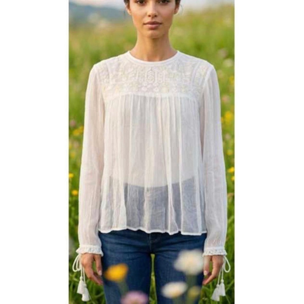 Free People White Embroidered Gauze Peasant Blouse Tassel Tie Top Medium